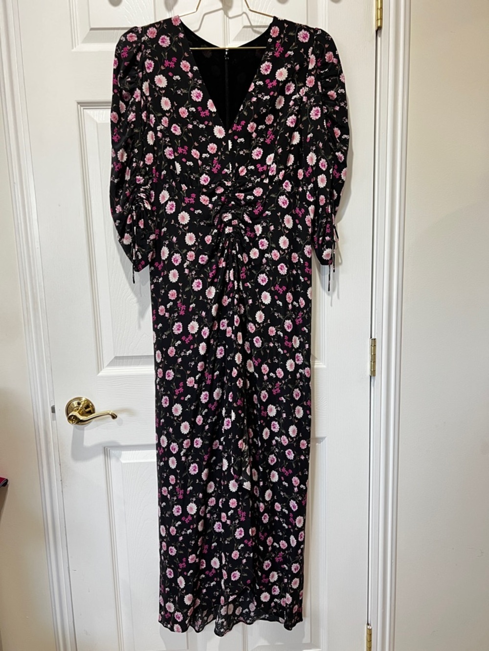 The Kooples Paris Silk Floral Dress Lined Hi-Front Slit Black Pink Ruched